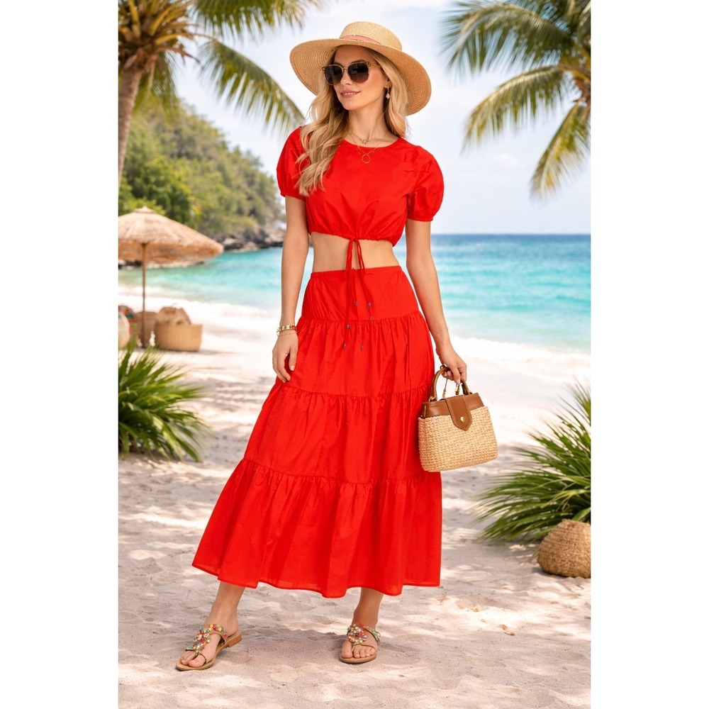 New Two-Piece Set Crop Top & Maxi Skirt Tiered Lg Red Boho Chic Vacation Staud - Picture 2 of 16